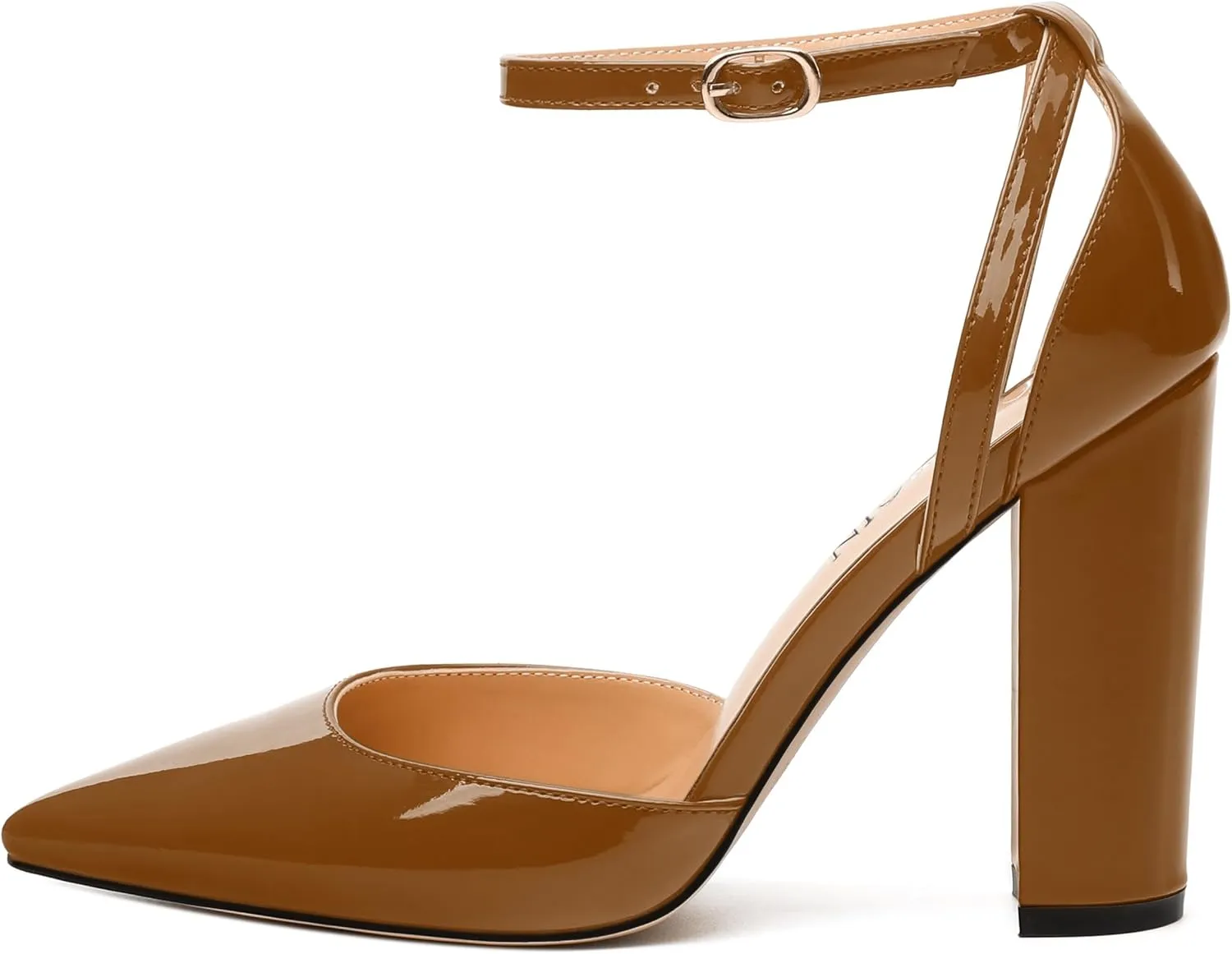 Pointed Toe Pumps - Fashion Ankle Strap Closed Toe Heels, Chunky Heels for Women