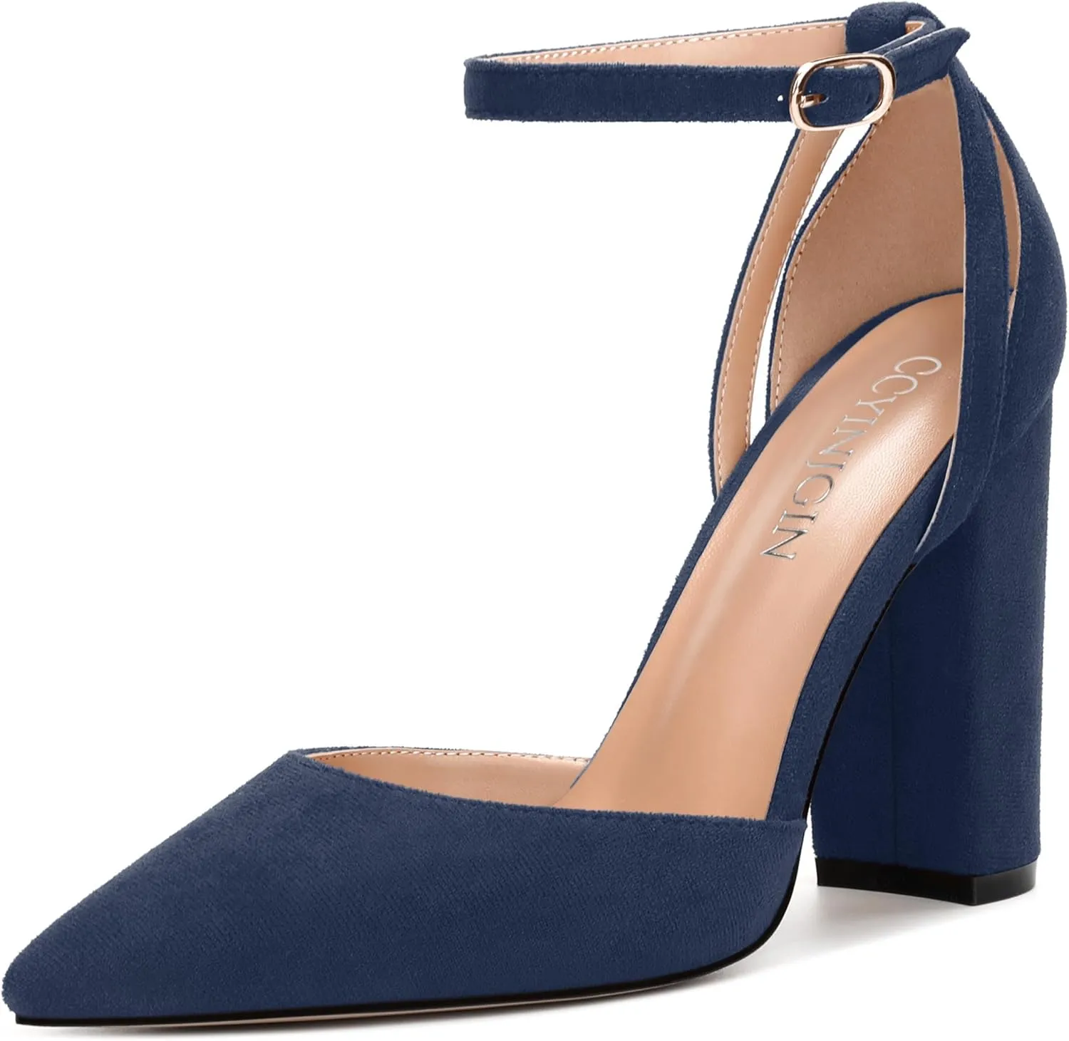 Pointed Toe Pumps - Fashion Ankle Strap Closed Toe Heels, Chunky Heels for Women