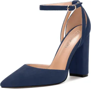 Pointed Toe Pumps - Fashion Ankle Strap Closed Toe Heels, Chunky Heels for Women