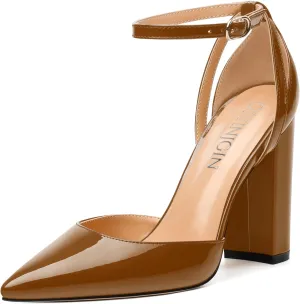 Pointed Toe Pumps - Fashion Ankle Strap Closed Toe Heels, Chunky Heels for Women
