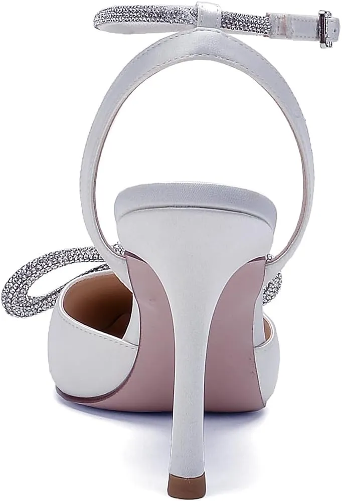 Pointed Toe Satin White Wedding High Heels Rhinestone Ankle Strap Dress Shoes Pumps for Bride