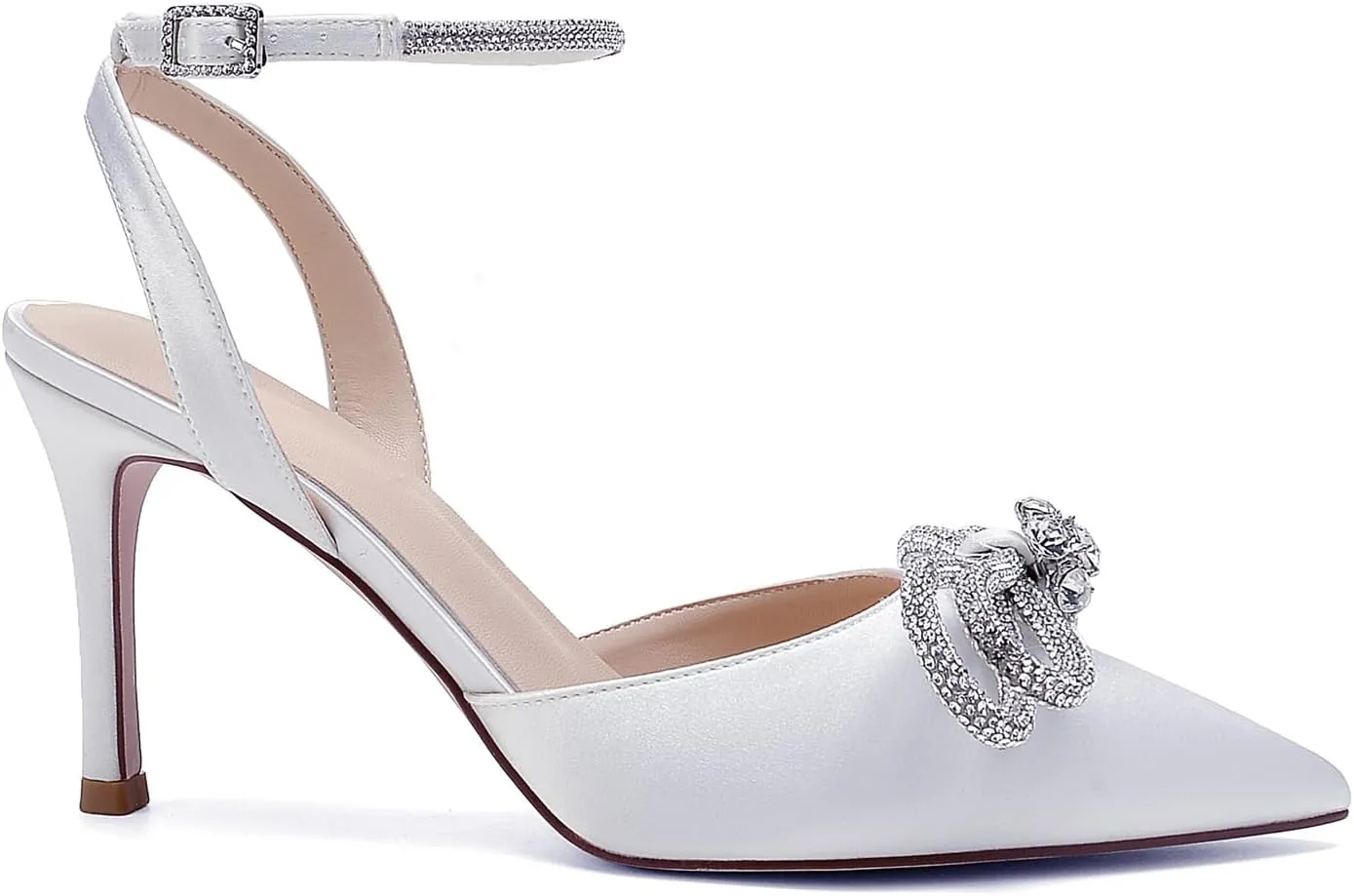Pointed Toe Satin White Wedding High Heels Rhinestone Ankle Strap Dress Shoes Pumps for Bride