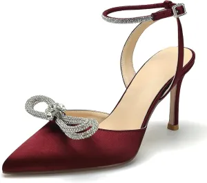 Pointed Toe Satin White Wedding High Heels Rhinestone Ankle Strap Dress Shoes Pumps for Bride