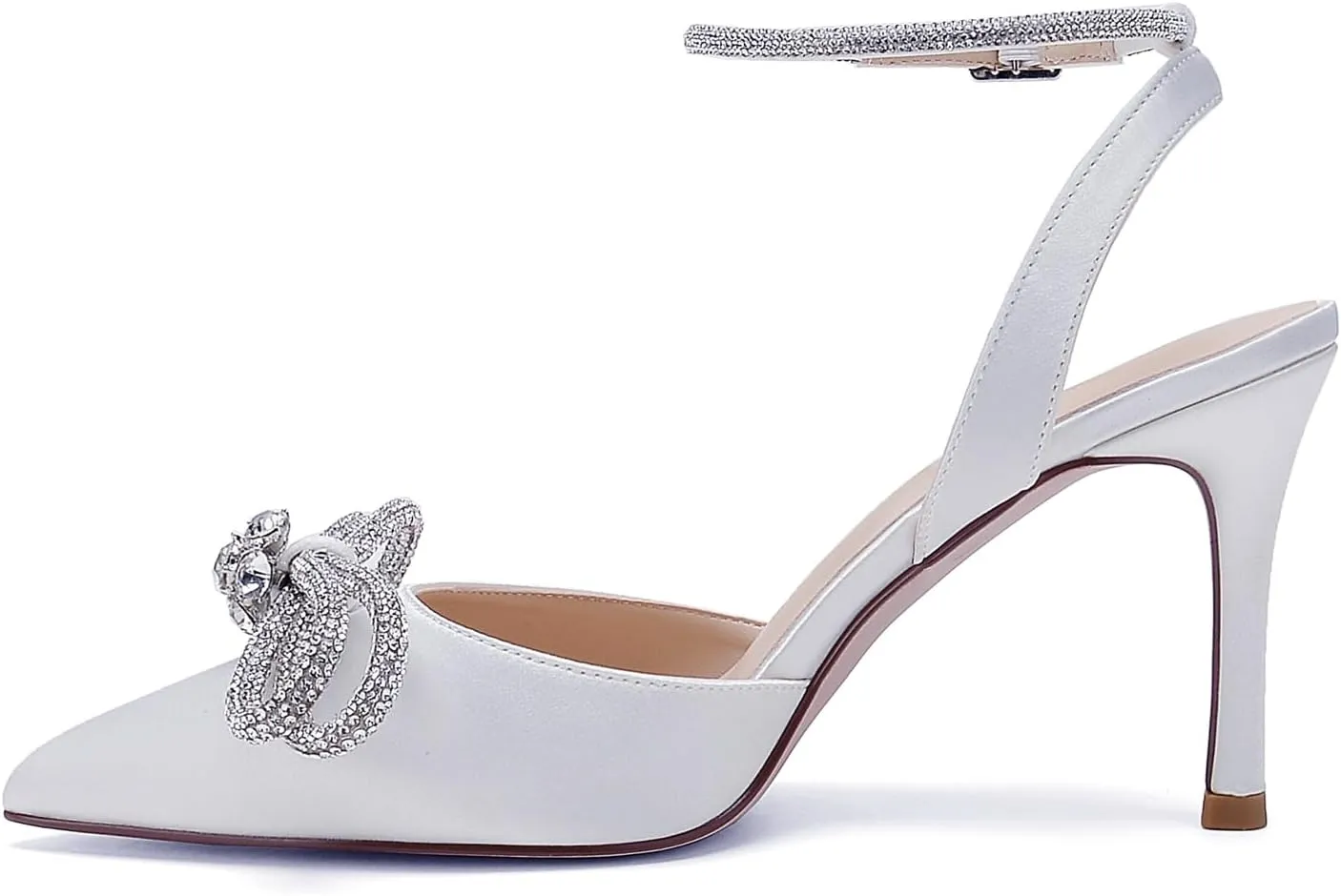 Pointed Toe Satin White Wedding High Heels Rhinestone Ankle Strap Dress Shoes Pumps for Bride