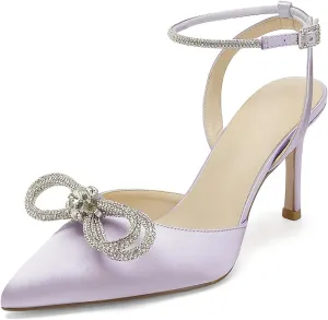 Pointed Toe Satin White Wedding High Heels Rhinestone Ankle Strap Dress Shoes Pumps for Bride