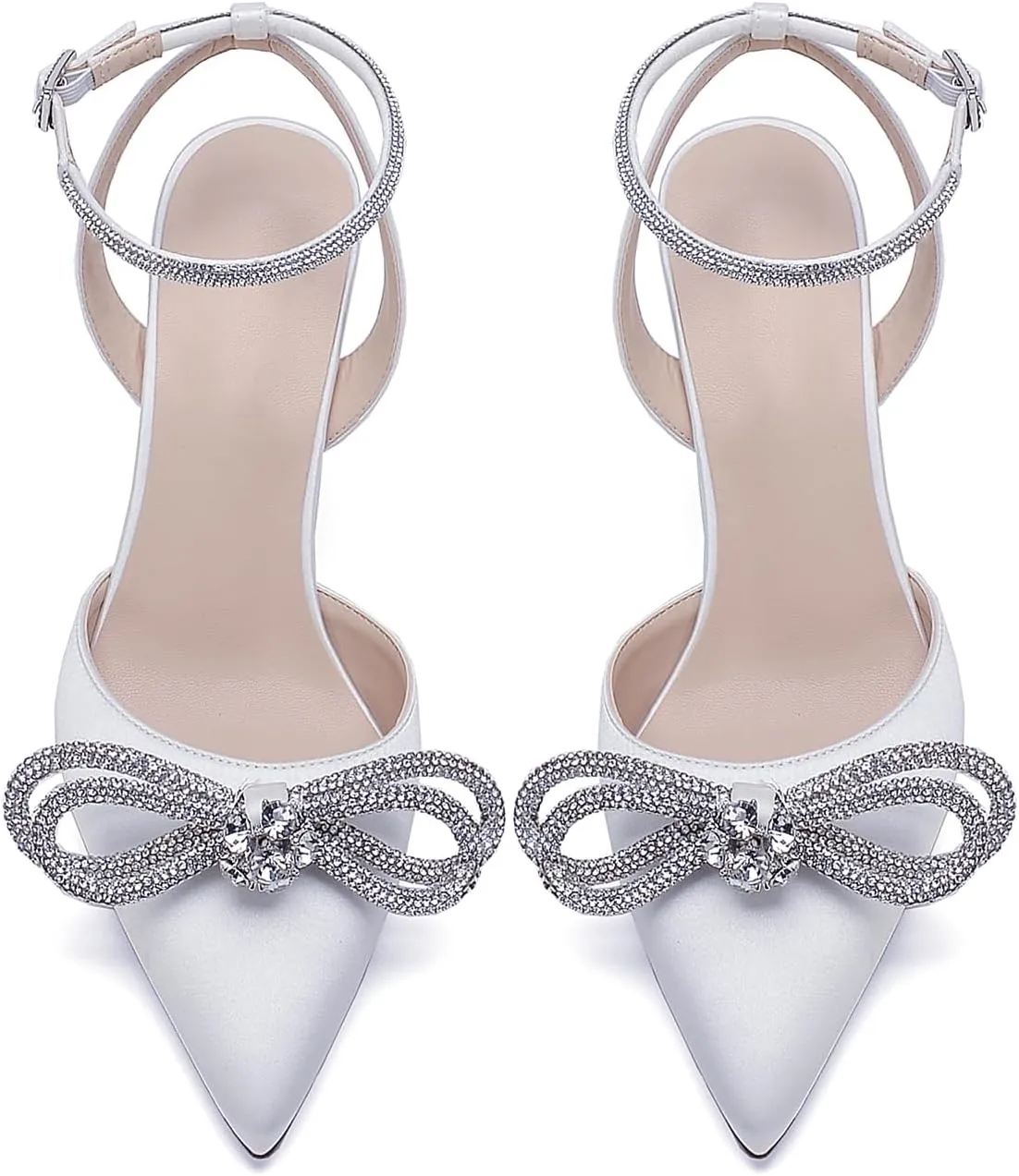 Pointed Toe Satin White Wedding High Heels Rhinestone Ankle Strap Dress Shoes Pumps for Bride