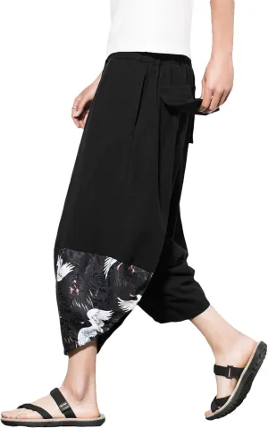 PRIJOUHE Men's Casual Wide Leg Baggy Harem Pant Lightweight Drop Crotch Summer Beach Linen Capri Pants