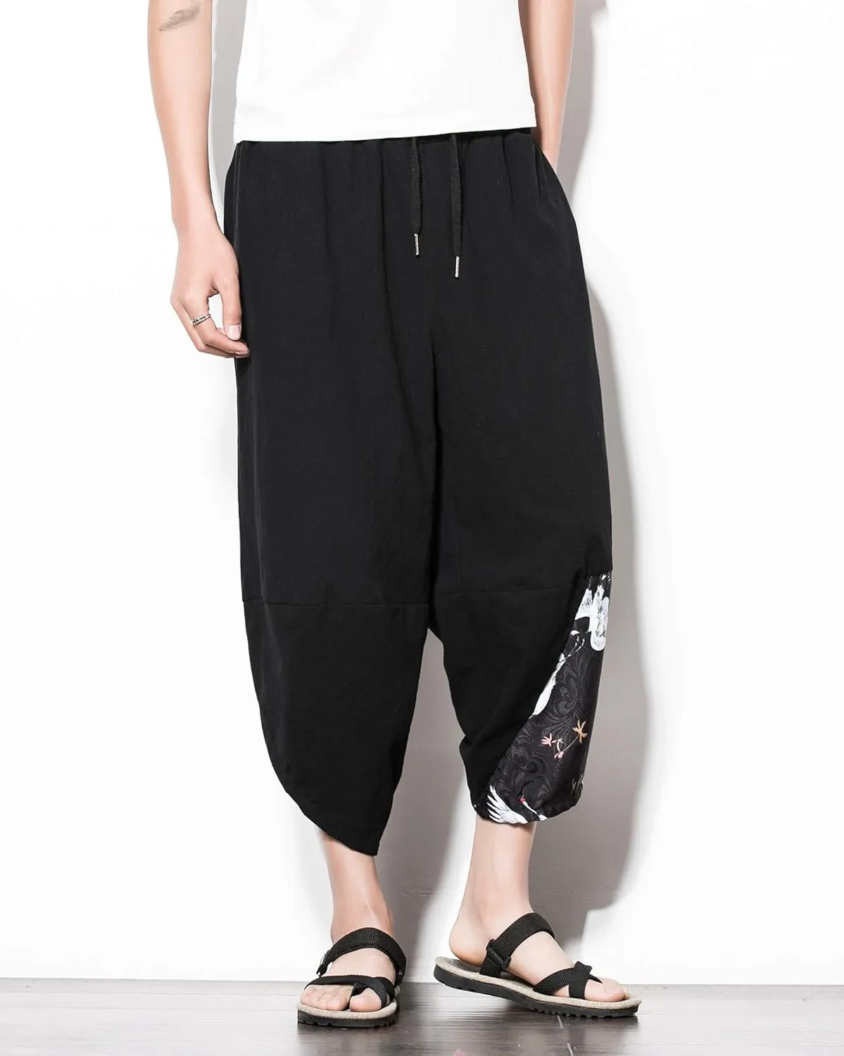 PRIJOUHE Men's Casual Wide Leg Baggy Harem Pant Lightweight Drop Crotch Summer Beach Linen Capri Pants