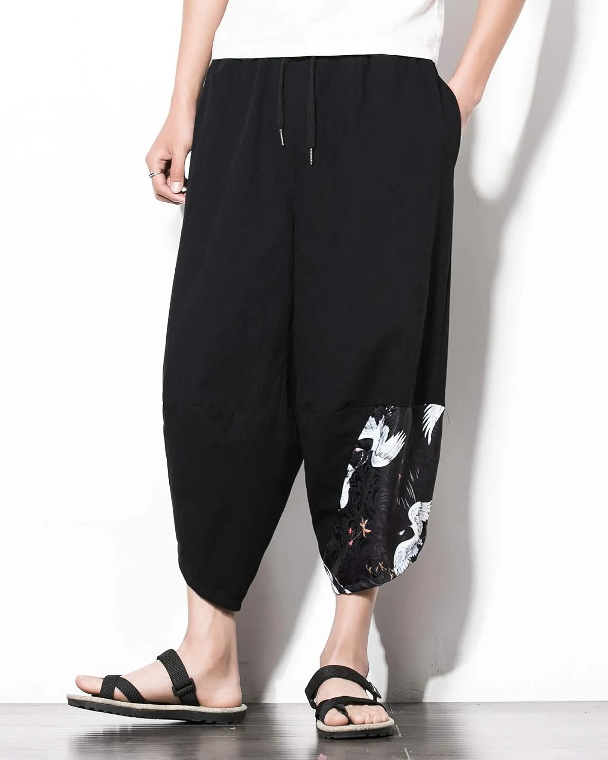PRIJOUHE Men's Casual Wide Leg Baggy Harem Pant Lightweight Drop Crotch Summer Beach Linen Capri Pants