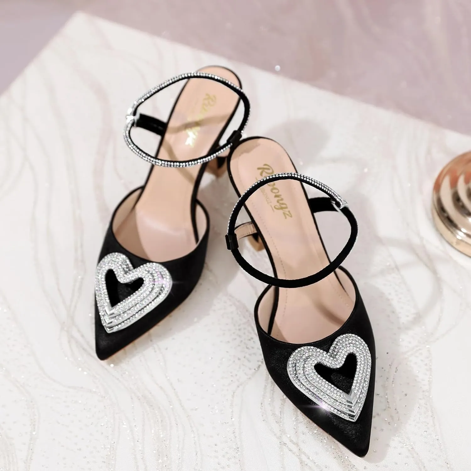 RIBONGZ Women's Wedding Shoes Glitter Sparkly Pointed Toe Strappy High Heels Sexy Ankle Strap Pumps Bridal Party Work Dress Shoes
