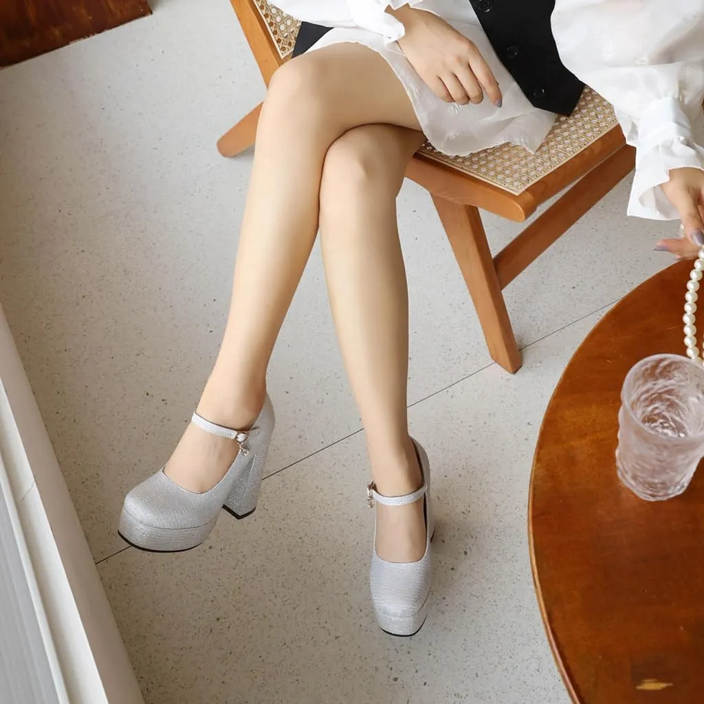 Round Toe Mary Jane Wedding Party Dress Shoe Women's Glitter Platform Chunky High Heels Pumps Shoes