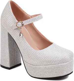 Round Toe Mary Jane Wedding Party Dress Shoe Women's Glitter Platform Chunky High Heels Pumps Shoes