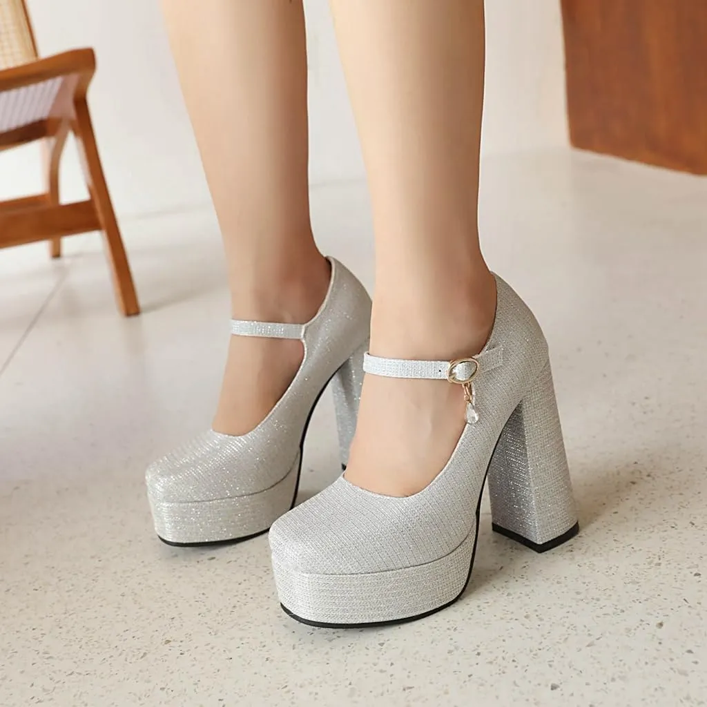Round Toe Mary Jane Wedding Party Dress Shoe Women's Glitter Platform Chunky High Heels Pumps Shoes