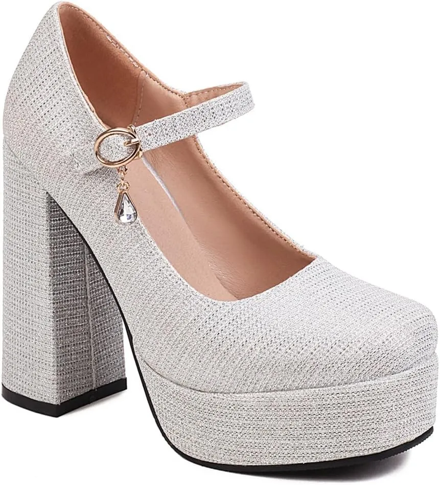 Round Toe Mary Jane Wedding Party Dress Shoe Women's Glitter Platform Chunky High Heels Pumps Shoes