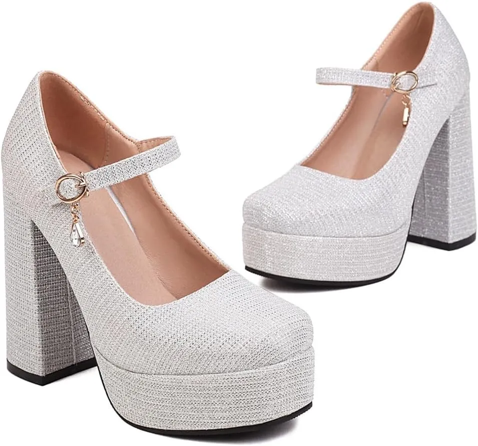 Round Toe Mary Jane Wedding Party Dress Shoe Women's Glitter Platform Chunky High Heels Pumps Shoes