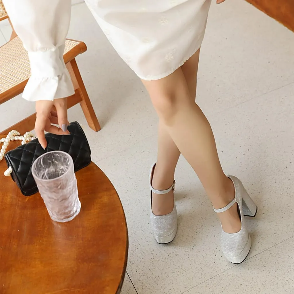 Round Toe Mary Jane Wedding Party Dress Shoe Women's Glitter Platform Chunky High Heels Pumps Shoes