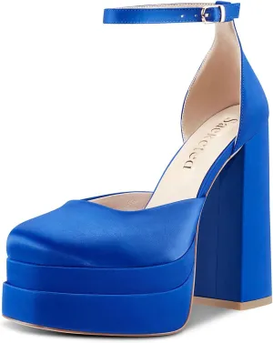 Saekcted Women's High Heels Platform Ankle Strap Pumps Square-Toe Chunky Heel Wedding Party Dress Sexy Shoes