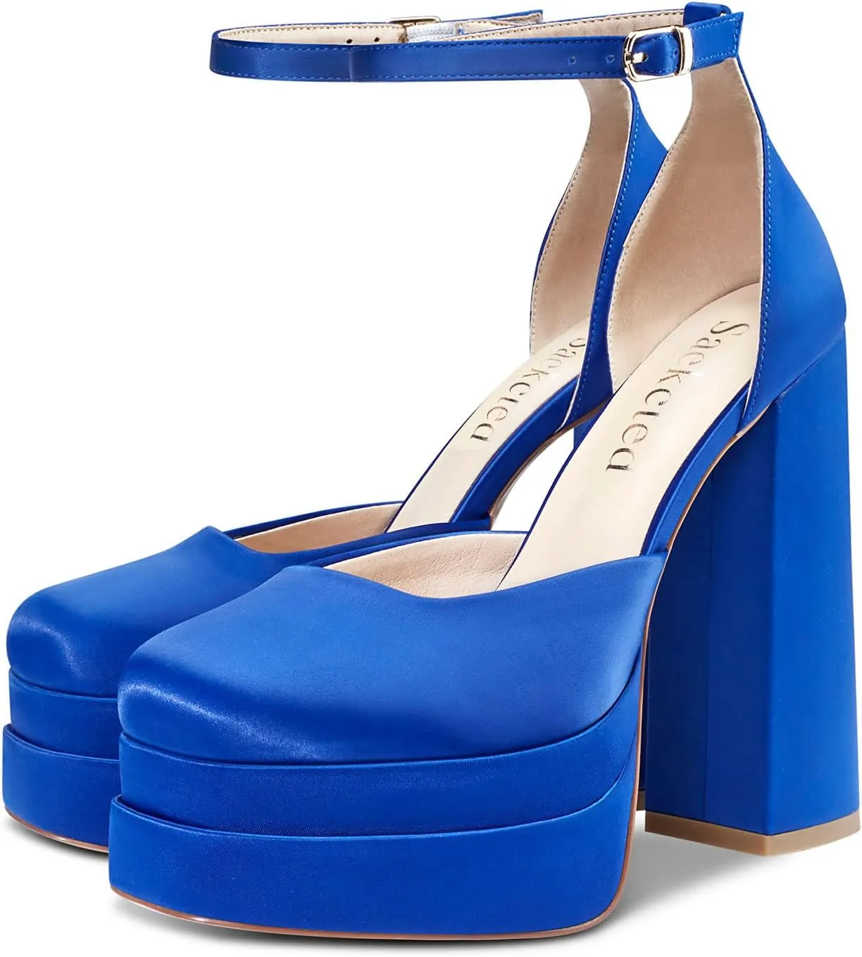 Saekcted Women's High Heels Platform Ankle Strap Pumps Square-Toe Chunky Heel Wedding Party Dress Sexy Shoes