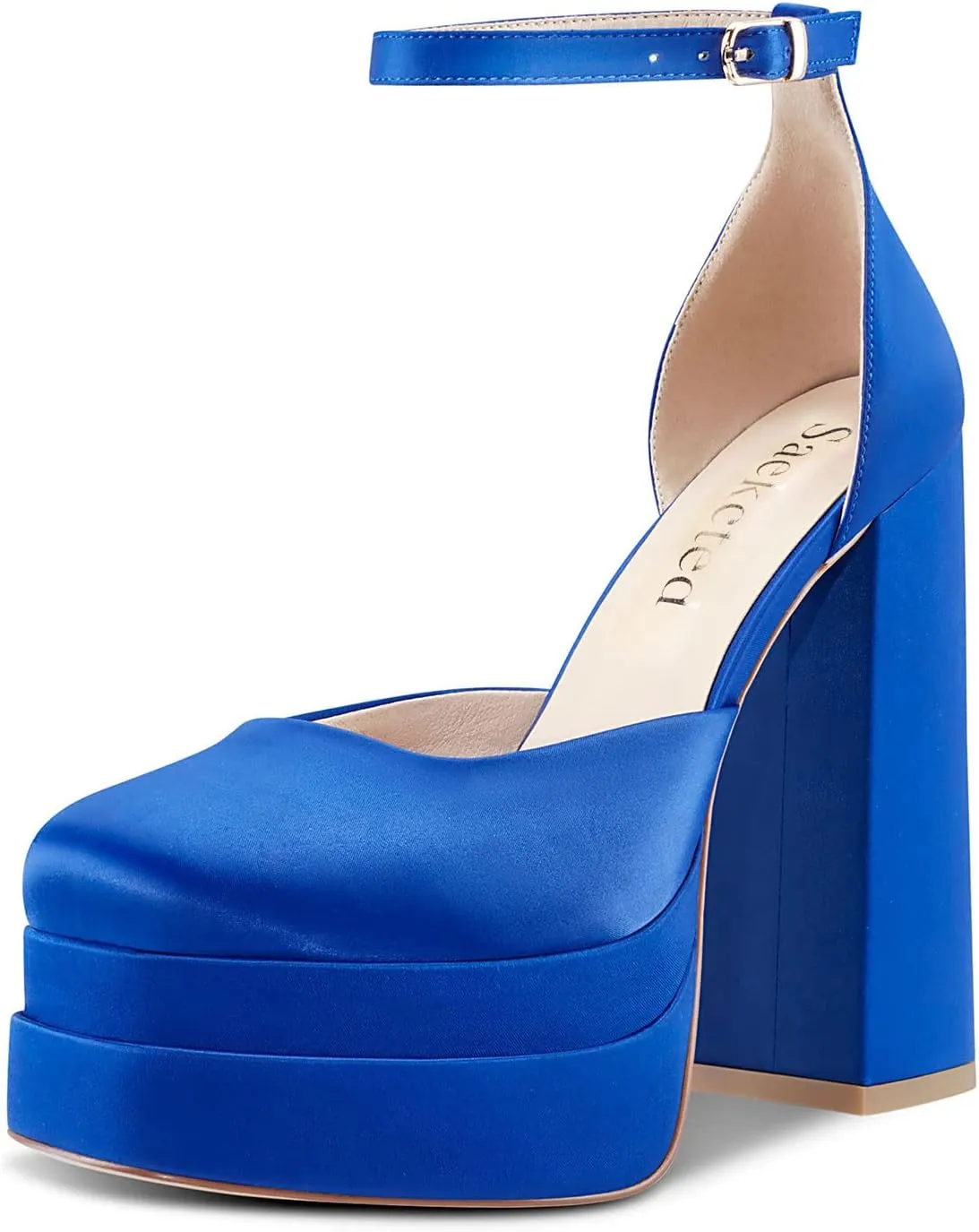 Saekcted Women's High Heels Platform Ankle Strap Pumps Square-Toe Chunky Heel Wedding Party Dress Sexy Shoes
