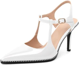 SAMMITOP Womens High Heels Pointed Toe Ankle Strap Pumps Silver Beaded T-Strap Stilettos Sexy Heeled Office Wedding Dress Shoes 3.5 Inch