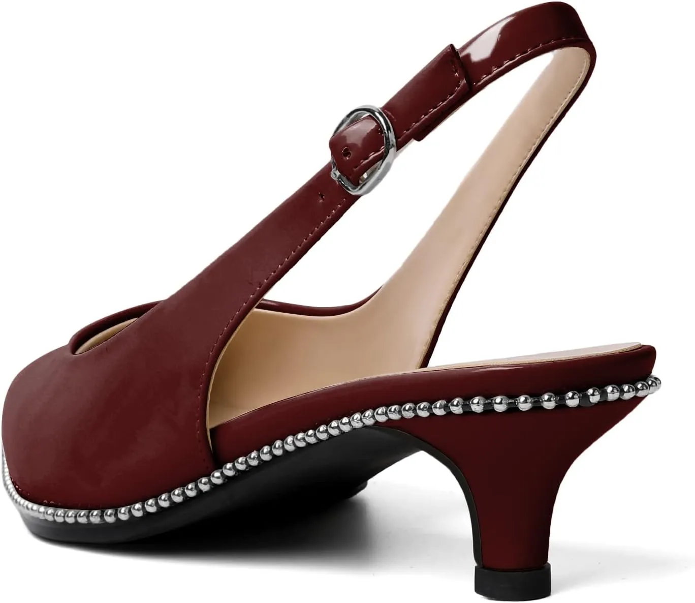 SAMMITOP Women's Slingback Kitten Heels Pointed Toe Low Heel Beaded Pumps with Ankle Strap Wedding Party Dressy Court Patent Shoes