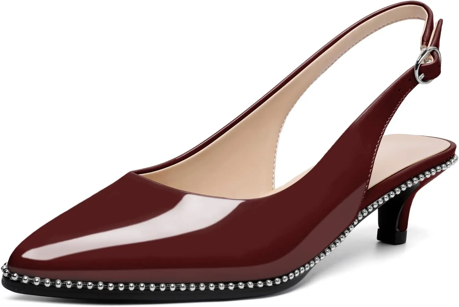 SAMMITOP Women's Slingback Kitten Heels Pointed Toe Low Heel Beaded Pumps with Ankle Strap Wedding Party Dressy Court Patent Shoes
