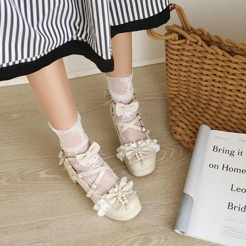 SEIFIN Women Lolita Cosplay Shoes Kawaii Mid Block Heel Mary Jane Cute Pearl Chunky Heels Platform Heels for Women Cross-Tied Round Toe Ankle Strap Sweet Shoes