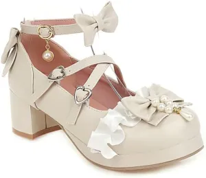 SEIFIN Women Lolita Cosplay Shoes Kawaii Mid Block Heel Mary Jane Cute Pearl Chunky Heels Platform Heels for Women Cross-Tied Round Toe Ankle Strap Sweet Shoes