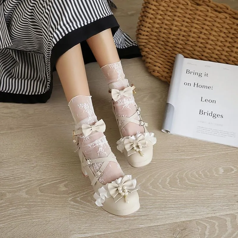 SEIFIN Women Lolita Cosplay Shoes Kawaii Mid Block Heel Mary Jane Cute Pearl Chunky Heels Platform Heels for Women Cross-Tied Round Toe Ankle Strap Sweet Shoes