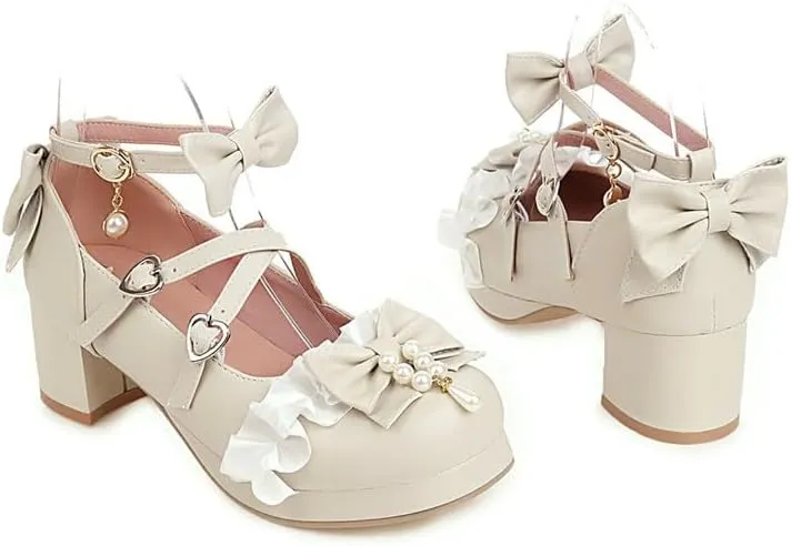 SEIFIN Women Lolita Cosplay Shoes Kawaii Mid Block Heel Mary Jane Cute Pearl Chunky Heels Platform Heels for Women Cross-Tied Round Toe Ankle Strap Sweet Shoes