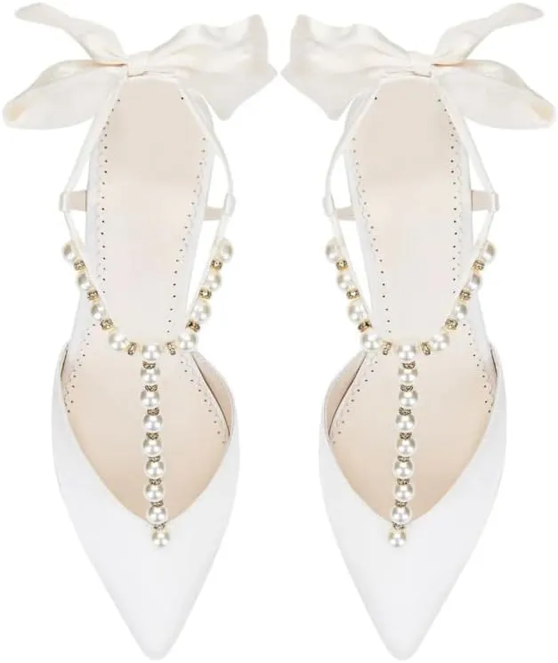 sexytag Women's T-Strap Pearls Heels Ankle Strap Lace Up Bow Stiletto Heels Closed Pointed Toe Wedding Pumps