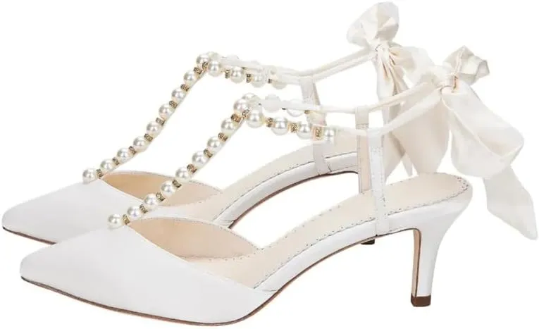 sexytag Women's T-Strap Pearls Heels Ankle Strap Lace Up Bow Stiletto Heels Closed Pointed Toe Wedding Pumps