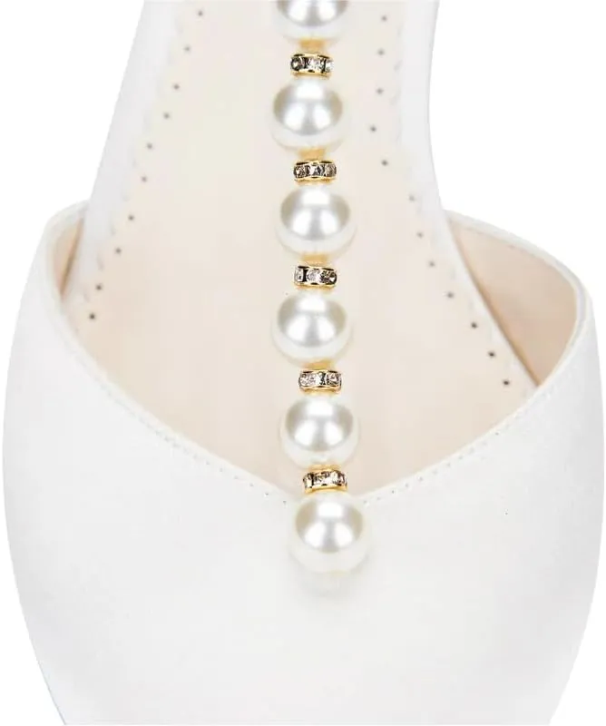 sexytag Women's T-Strap Pearls Heels Ankle Strap Lace Up Bow Stiletto Heels Closed Pointed Toe Wedding Pumps