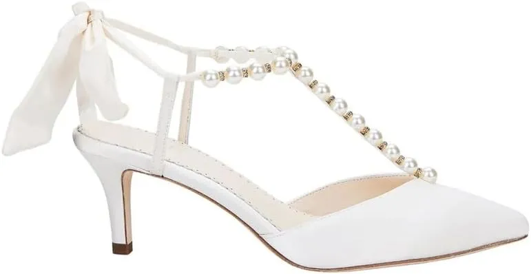 sexytag Women's T-Strap Pearls Heels Ankle Strap Lace Up Bow Stiletto Heels Closed Pointed Toe Wedding Pumps