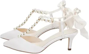 sexytag Women's T-Strap Pearls Heels Ankle Strap Lace Up Bow Stiletto Heels Closed Pointed Toe Wedding Pumps