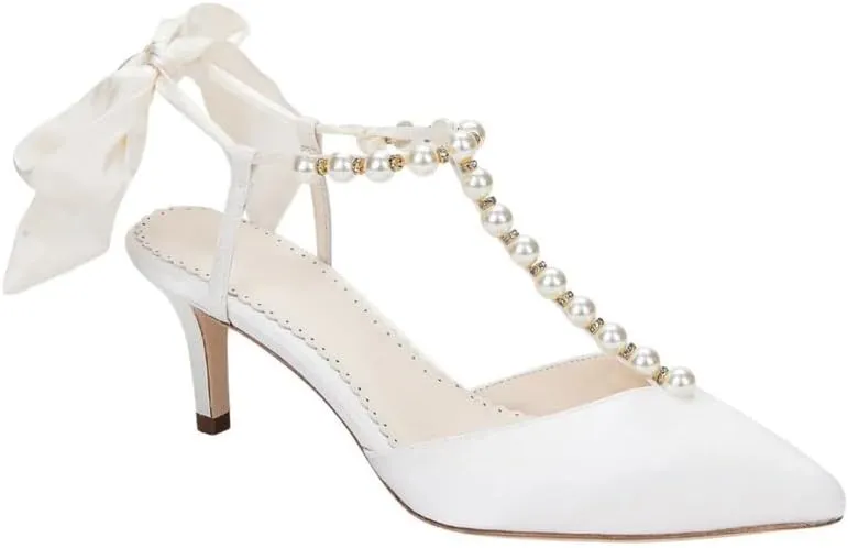 sexytag Women's T-Strap Pearls Heels Ankle Strap Lace Up Bow Stiletto Heels Closed Pointed Toe Wedding Pumps