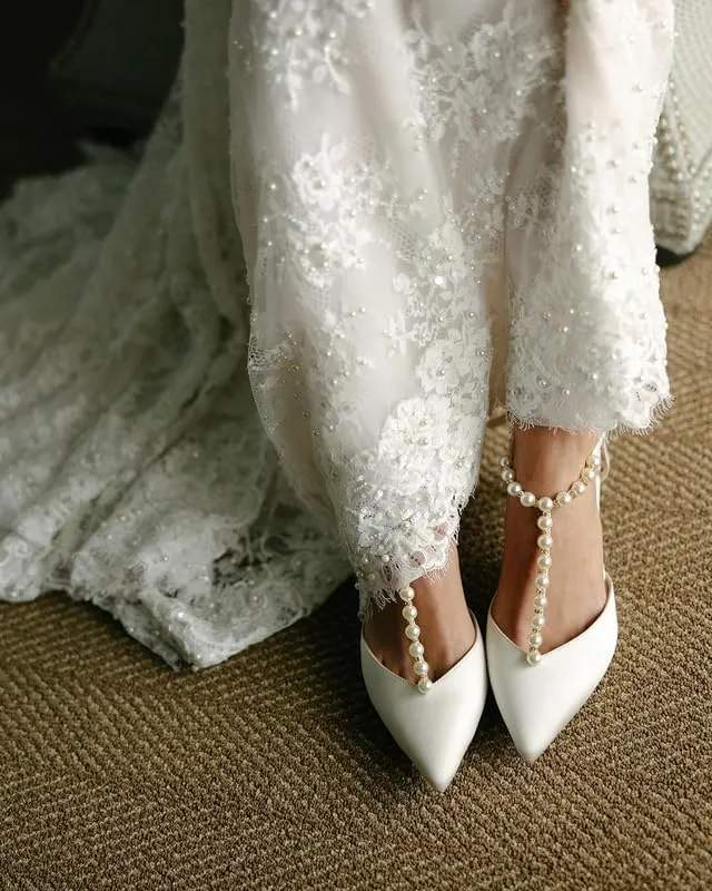 sexytag Women's T-Strap Pearls Heels Ankle Strap Lace Up Bow Stiletto Heels Closed Pointed Toe Wedding Pumps