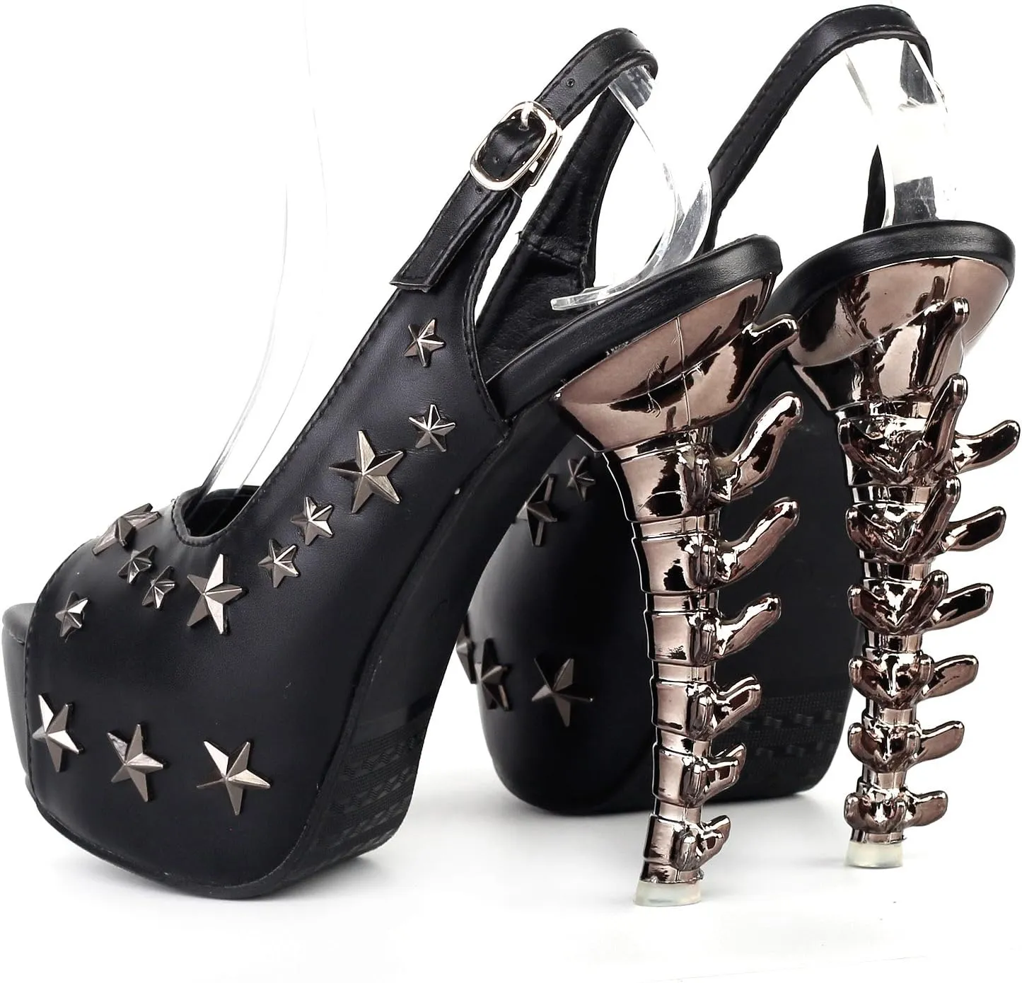 SHOW STORY Black Peeptoe Star Stud Sling Back Platform Bone Heel Pumps,LF80633