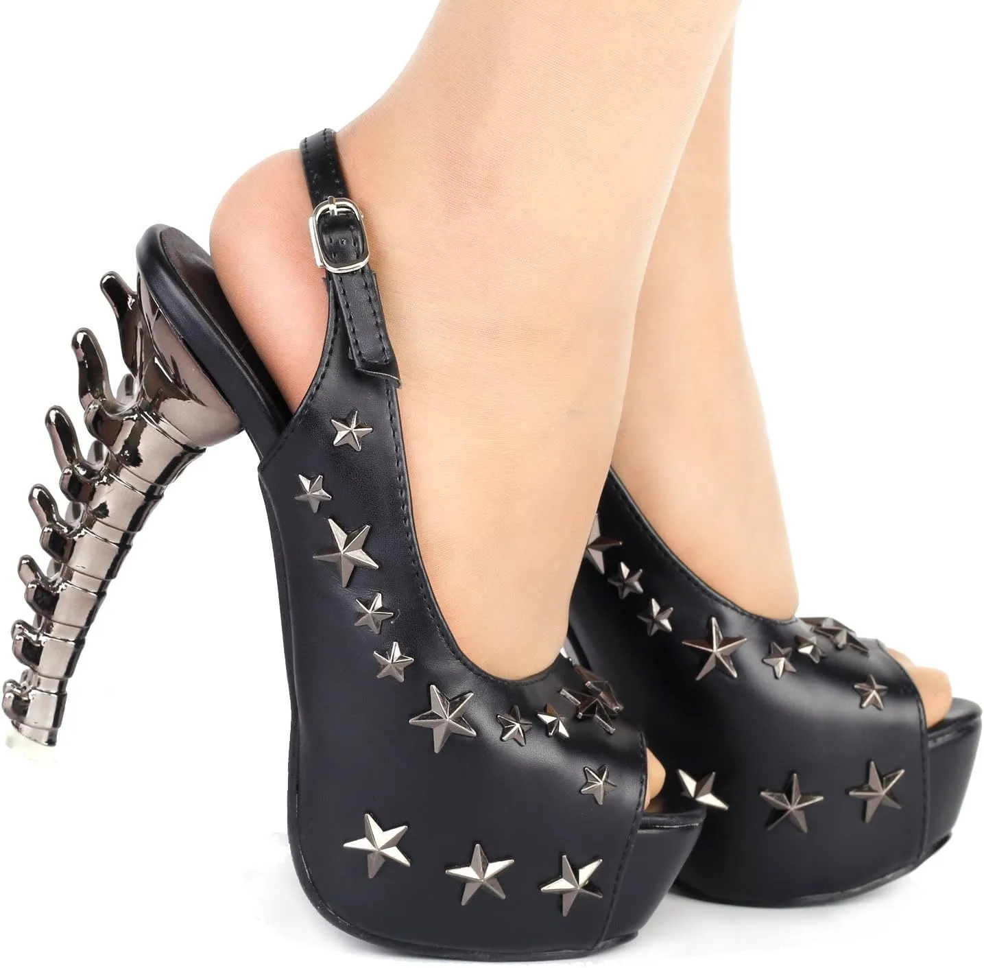SHOW STORY Black Peeptoe Star Stud Sling Back Platform Bone Heel Pumps,LF80633