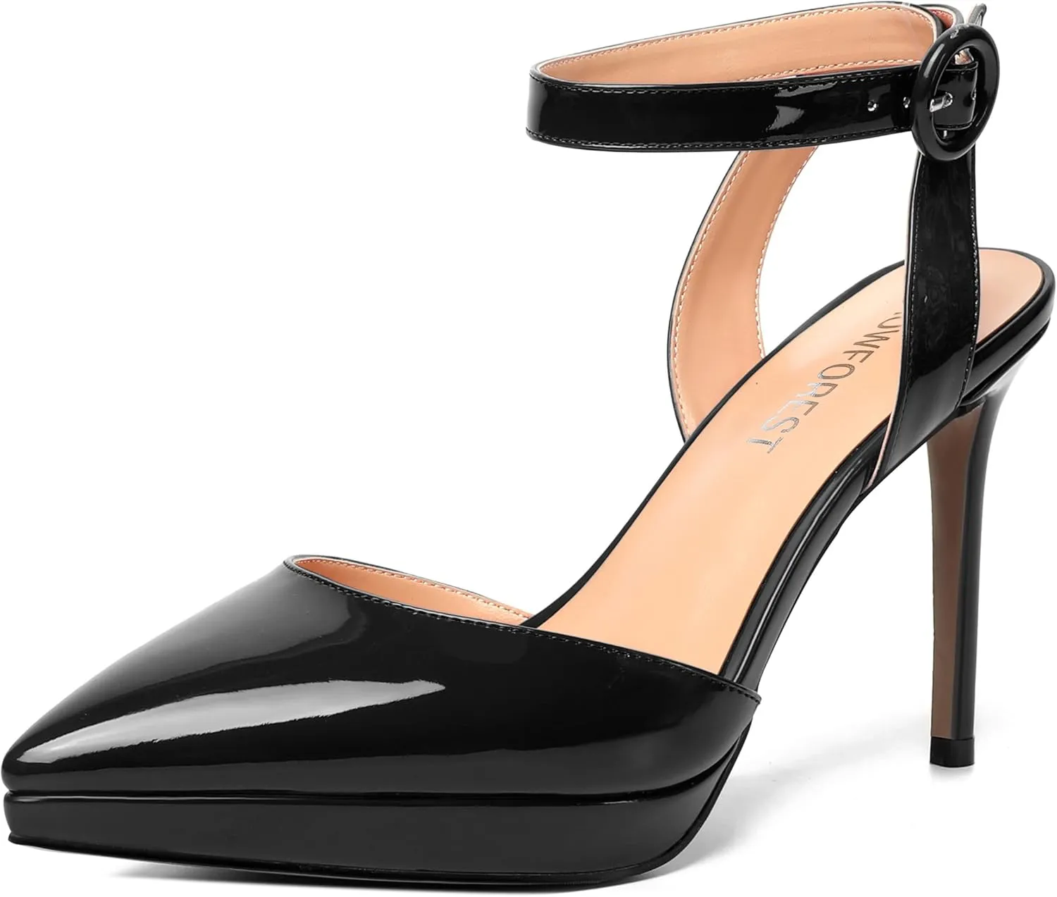 SHOWFOREST Womens Ankle Strap Night Club Dress Pointed Toe Patent Buckle Stiletto High Heel Pumps Shoes 4 Inch