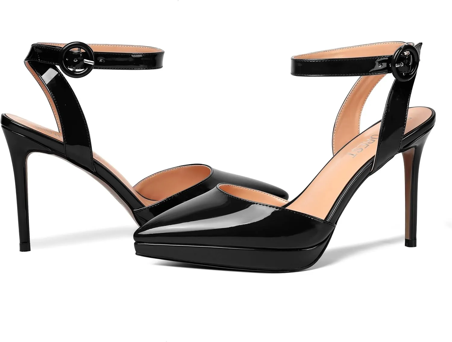 SHOWFOREST Womens Ankle Strap Night Club Dress Pointed Toe Patent Buckle Stiletto High Heel Pumps Shoes 4 Inch