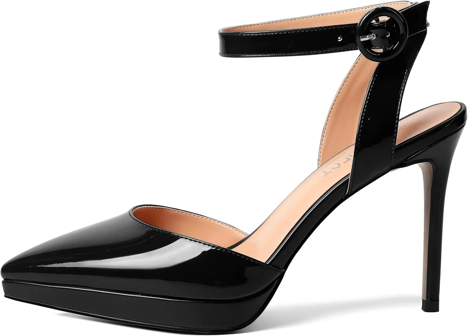 SHOWFOREST Womens Ankle Strap Night Club Dress Pointed Toe Patent Buckle Stiletto High Heel Pumps Shoes 4 Inch