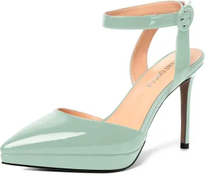 SHOWFOREST Womens Ankle Strap Night Club Dress Pointed Toe Patent Buckle Stiletto High Heel Pumps Shoes 4 Inch