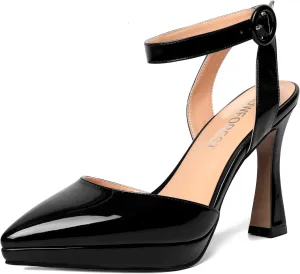 SHOWFOREST Womens Ankle Strap Sexy Pointed Toe Patent Buckle Evening Spool High Heel Pumps Shoes 4 Inch