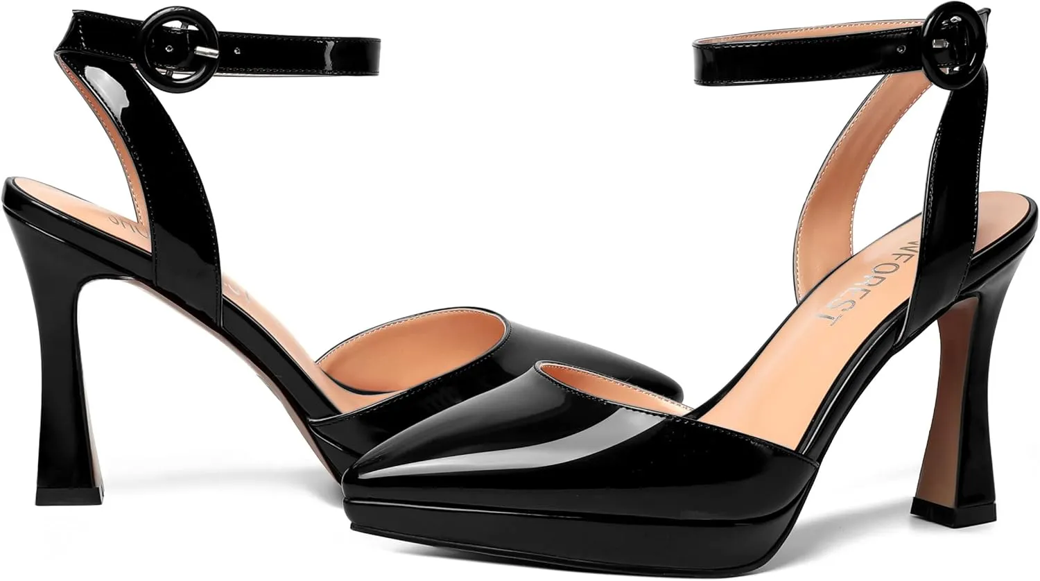 SHOWFOREST Womens Ankle Strap Sexy Pointed Toe Patent Buckle Evening Spool High Heel Pumps Shoes 4 Inch