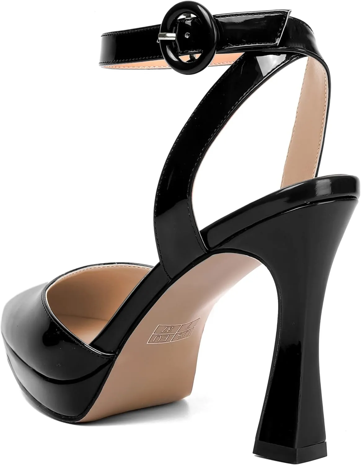 SHOWFOREST Womens Ankle Strap Sexy Pointed Toe Patent Buckle Evening Spool High Heel Pumps Shoes 4 Inch