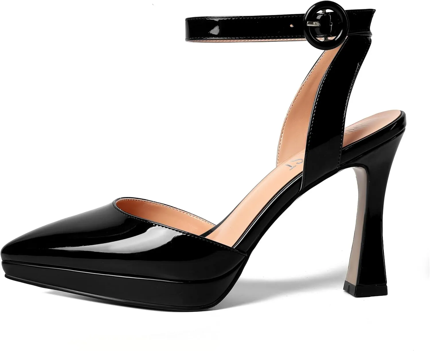 SHOWFOREST Womens Ankle Strap Sexy Pointed Toe Patent Buckle Evening Spool High Heel Pumps Shoes 4 Inch