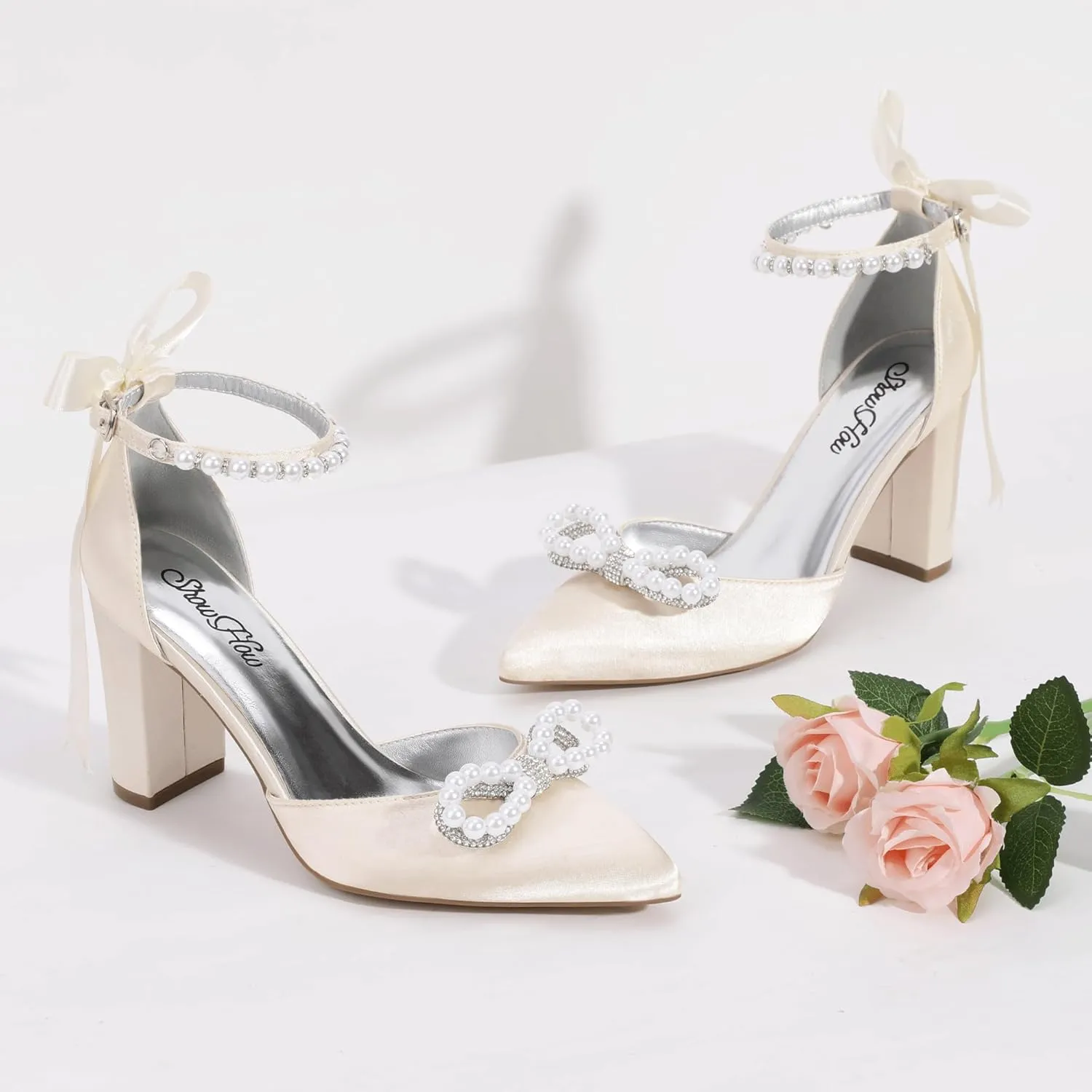 ShowHow Women's Pearl Wedding Shoes for Bride Closed Toe Heels Chunky Block Dress Heels Pointed Toe Rhinestone Pearl Ankle Strap Heels for Bridesmaid Prom Wedding Party Work