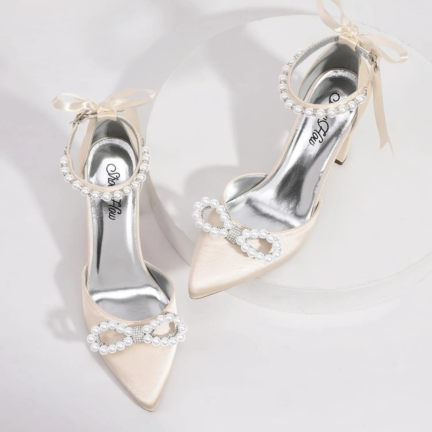 ShowHow Women's Pearl Wedding Shoes for Bride Closed Toe Heels Chunky Block Dress Heels Pointed Toe Rhinestone Pearl Ankle Strap Heels for Bridesmaid Prom Wedding Party Work