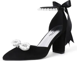 ShowHow Women's Pearl Wedding Shoes for Bride Closed Toe Heels Chunky Block Dress Heels Pointed Toe Rhinestone Pearl Ankle Strap Heels for Bridesmaid Prom Wedding Party Work